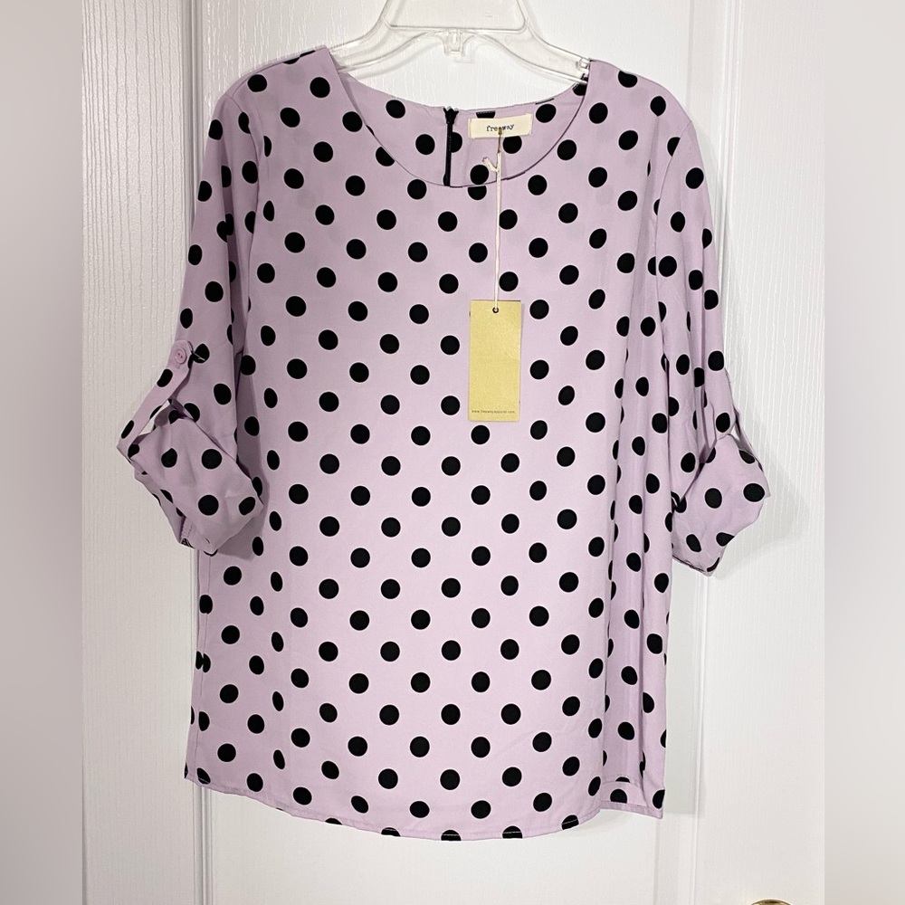 NWT ModCloth Freeway Polka Dot Roll Tab Sleeve Blouse USA MADE Lavender Black M